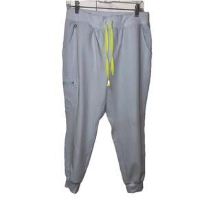 FIGS Zamora Jogger scrub pants Sz L Technical Blue Slate Yellow Drawstrings Flaw